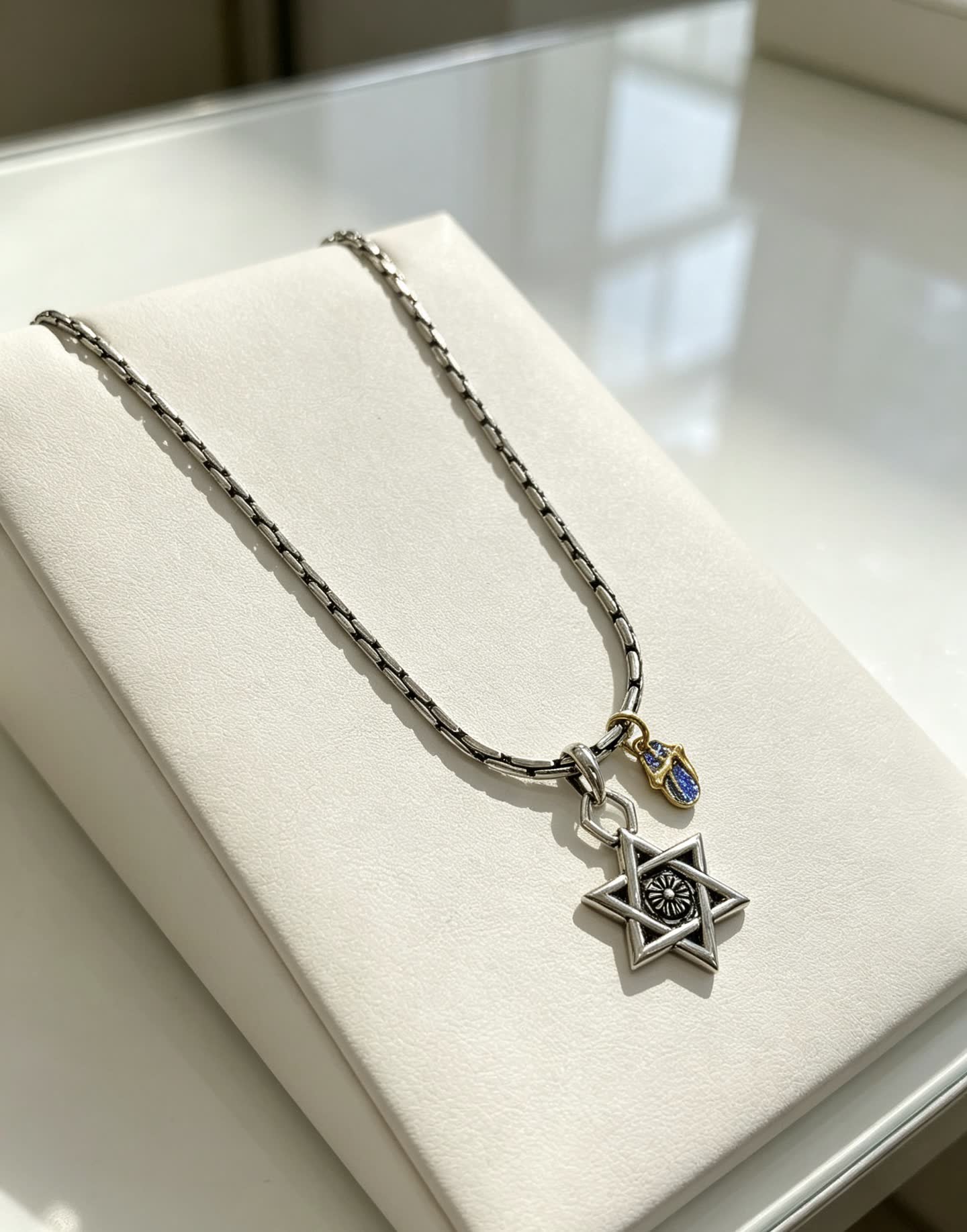 Chrome Hearts Silver Star of David Necklace with Blue Enamel Charm